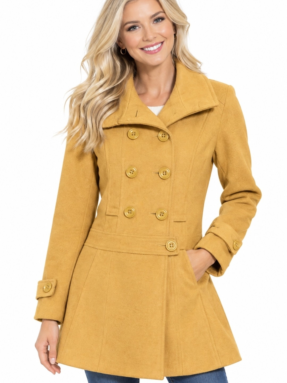 Sebby Women's Mustard Double-Breasted Peacoat (Sz: Med)